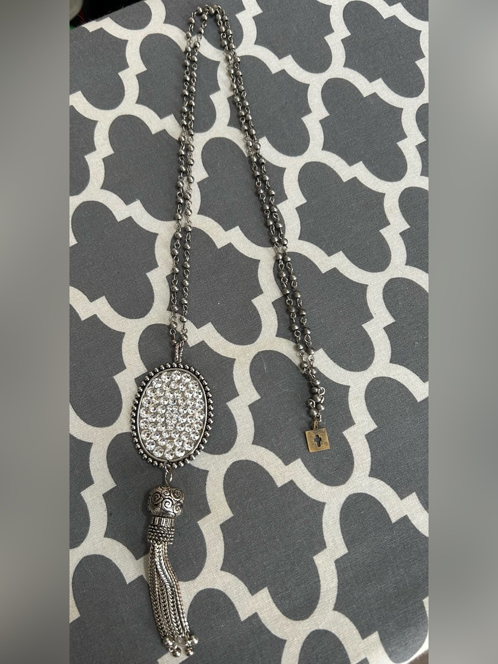 Pink Panache Pave Crystal Oval Tassel Pendant Necklace - Silver Tone